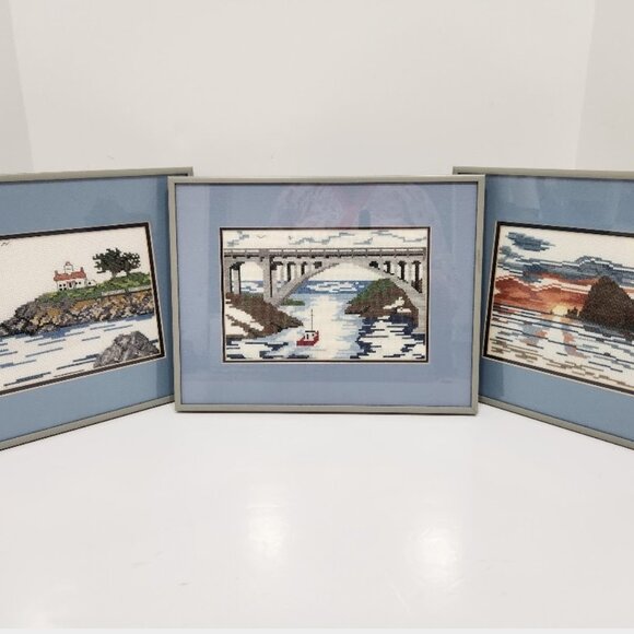 3 Framed Prints Blue Needlepoint Water pictures, Boating Bridge Lighthouse - Picture 8 of 8